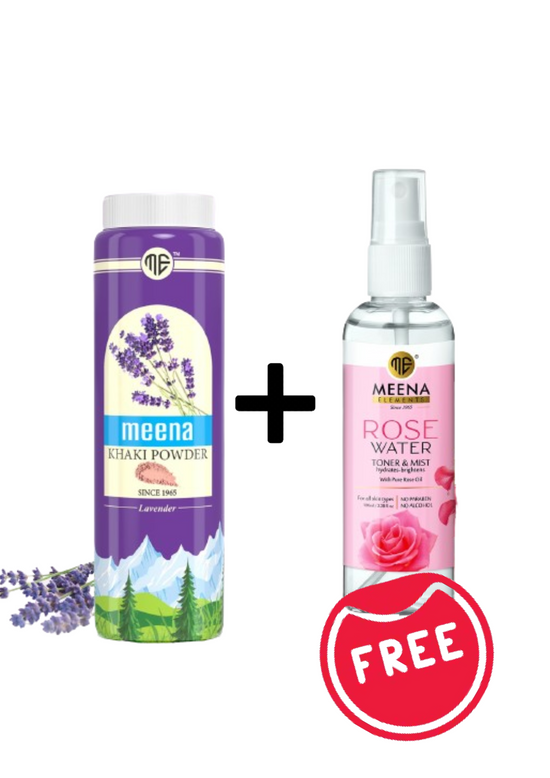 Meena Khaki Powder Lavender - 100g (Brightening & Beauty Talc)+ Rose Water 100ml FREE