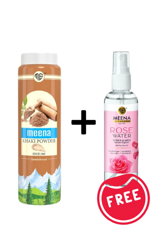 Meena  Khaki Powder -Sandalwood 100gm (Brightening & Beauty Face Talc) + Rose Water 100ml FREE