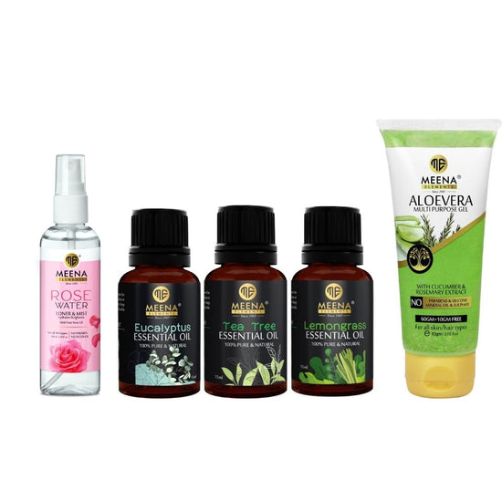 Rose water, Eucalyptus, TeaTree, Lemongrass Essential oil, Aloe Vera Gel - Anti-acne and Hydration pack